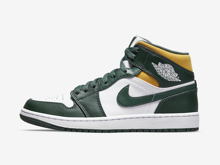 Classic Jordan 1 Mid shoes with a green, yellow, and white colourway.
